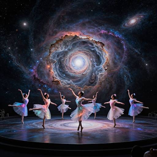 Photograph of six ballerinas in white tutus performing on stage, surrounded by a cosmic, galaxy-like backdrop with a bright, swirling center.