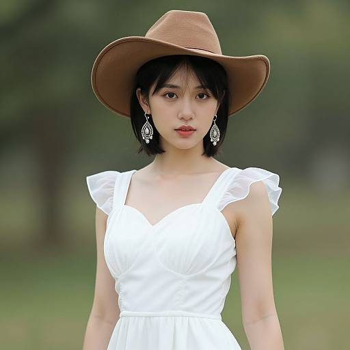 Photograph of an Asian woman with short black hair, wearing a brown hat, white dress with ruffled shoulders, and dangling earrings, standing in a