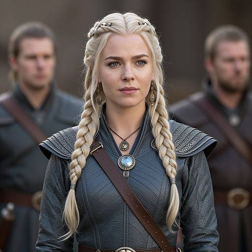 Photograph of a blonde woman with braided hair, wearing a black medieval-style leather dress with a blue pendant, standing in front of two blurred male