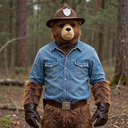 Photograph of a bear in a blue denim shirt, brown ranger hat with badge, black gloves, and belt, standing in a forest.