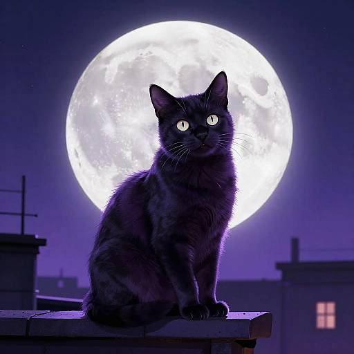 Majestic Black Cat on Moonlit Rooftop