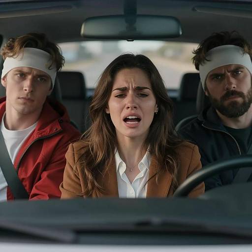 Three distressed people in car with smoke outside