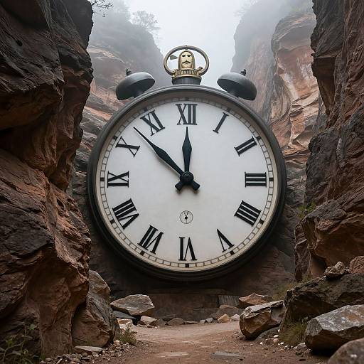 Photograph of a massive vintage clock with black Roman numerals, set between towering, rugged red rock canyon walls, with misty sky above.