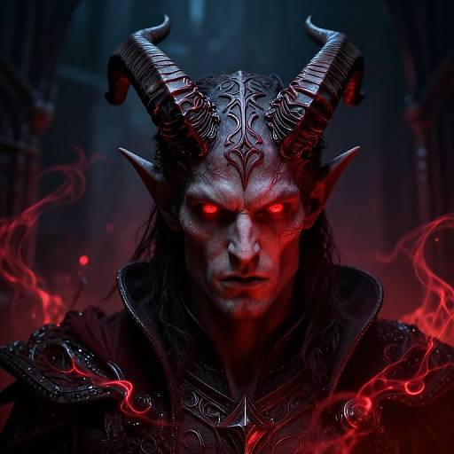 Digital artwork of a demonic figure with glowing red eyes, intricate black horns, and ornate armor, surrounded by fiery red smoke.