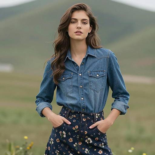 Young Woman in Denim Shirt and Floral Skirt Outdoors