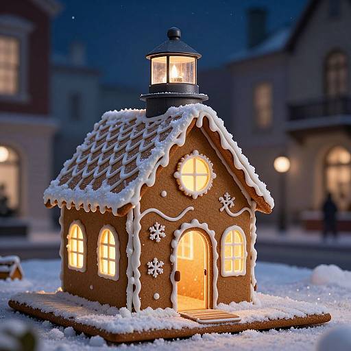 Photograph of a lit, gingerbread house with snow-covered roof and windows, glowing warmly in a snowy, nighttime village setting.