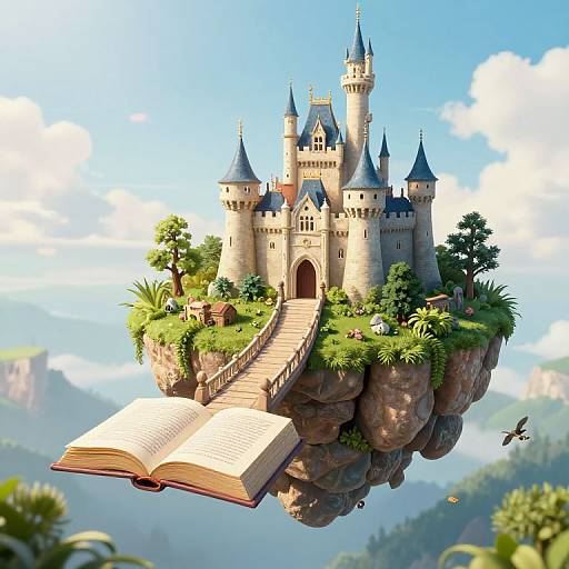 Whimsical Floating Castle with Book Bridge