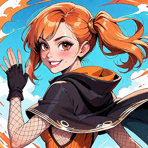 Anime Girl with Orange Hair Waving