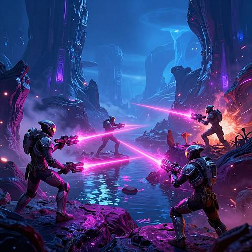 Digital artwork of four armored soldiers in neon-lit, futuristic battlefield, firing vibrant pink laser guns, surrounded by blue and purple lights, rocks, and