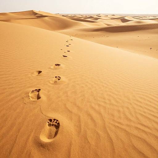 Photograph of golden sand dunes with a trail of footprints leading up to a bright, sunlit horizon. Ripples in the sand create a
