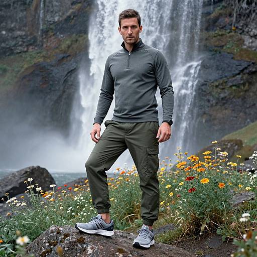 Photograph of a fit man with short brown hair, wearing a dark gray long-sleeve shirt and olive cargo pants, standing on a rock in