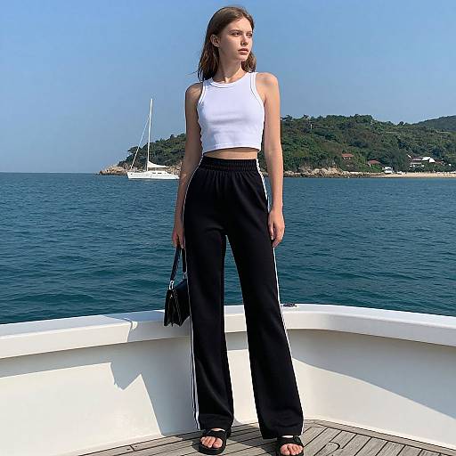 Photograph of a young woman with light skin and brown hair, wearing a white crop top and black high-waisted pants, standing on a boat