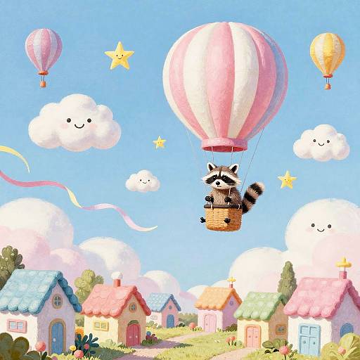 Whimsical Raccoon in Pastel Hot-Air Balloon