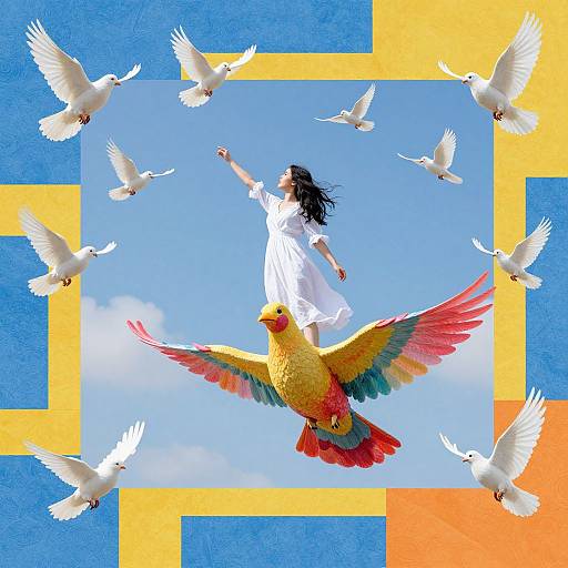 Digital art of a woman in a white dress, arms raised, floating above a colorful phoenix, surrounded by white doves, against a blue sky with