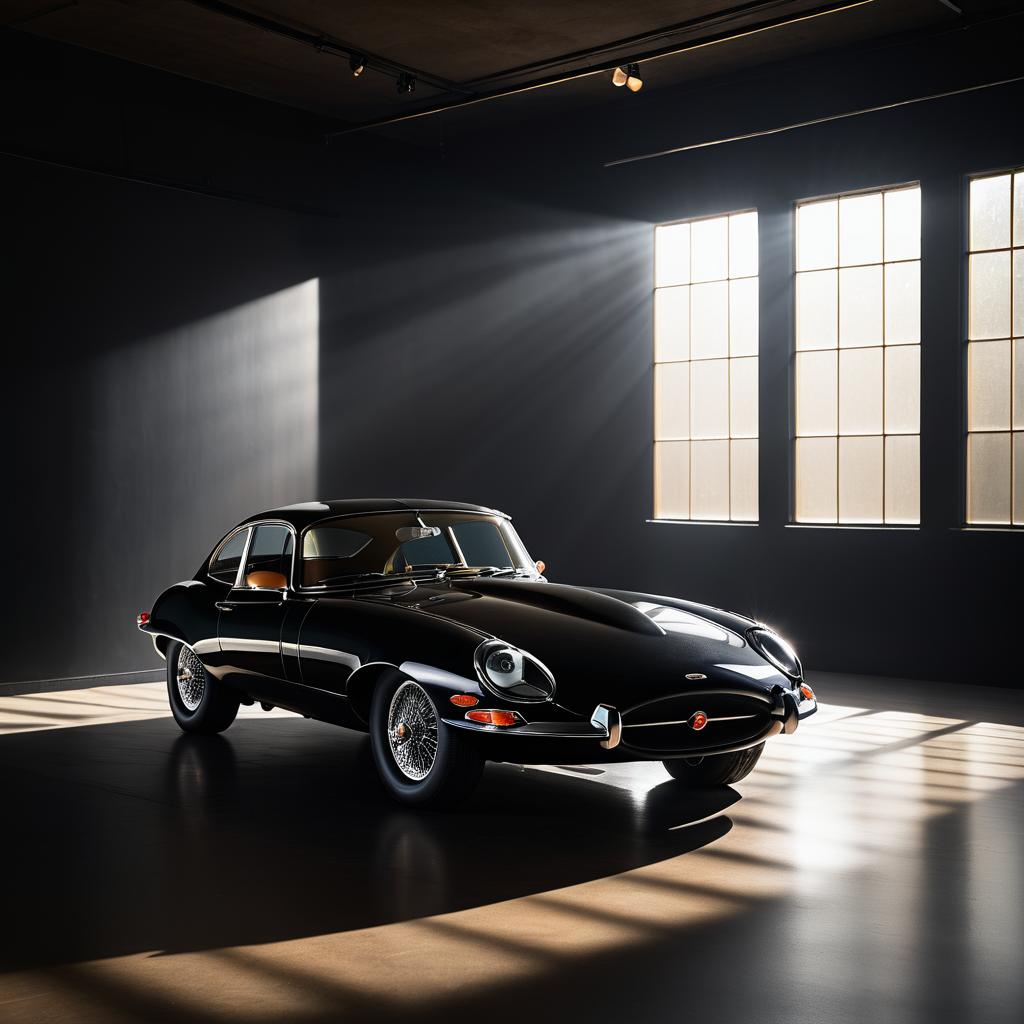 Cinematic Black Jaguar E-Type in Showroom