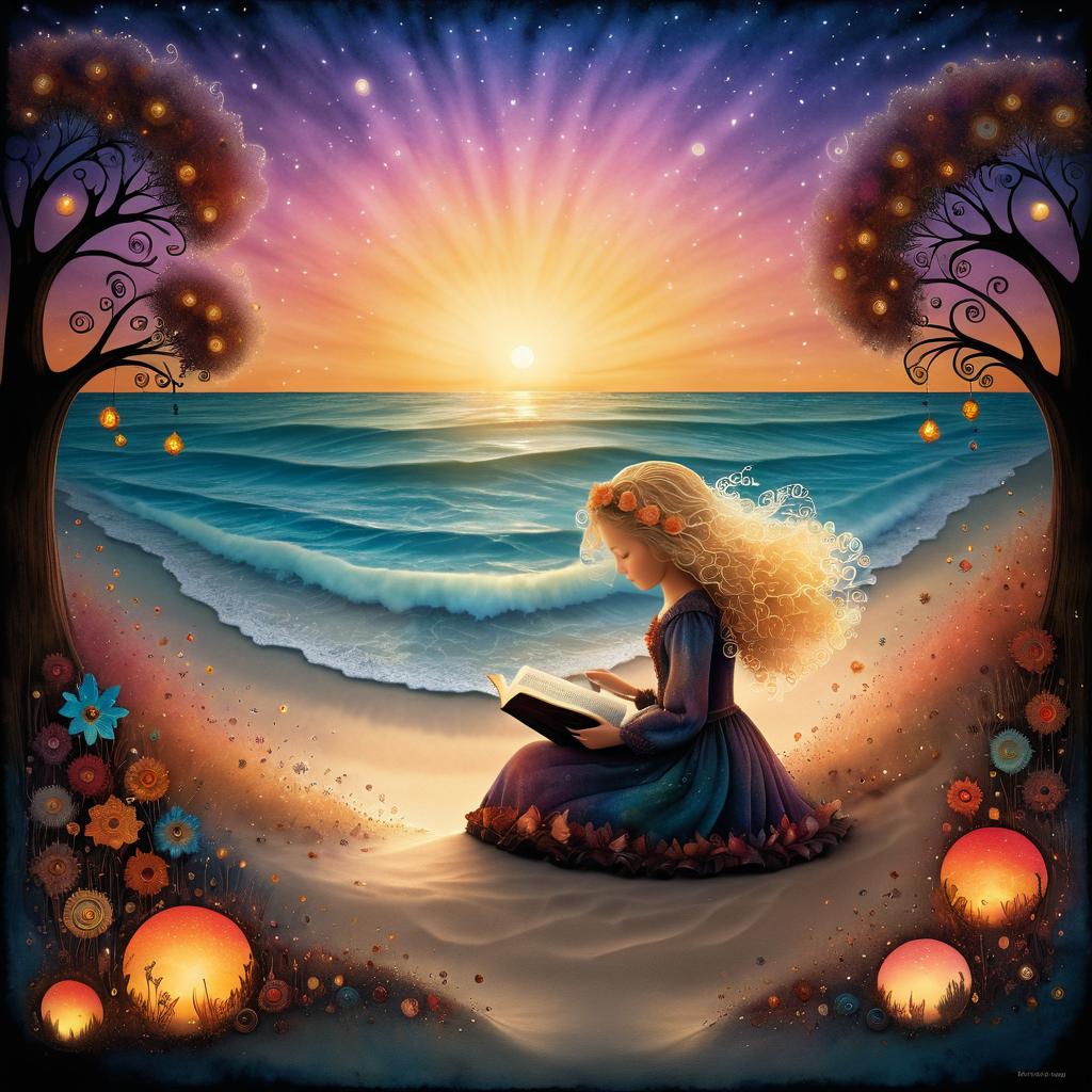 Dreamy Girl Reading on Sunset Beach