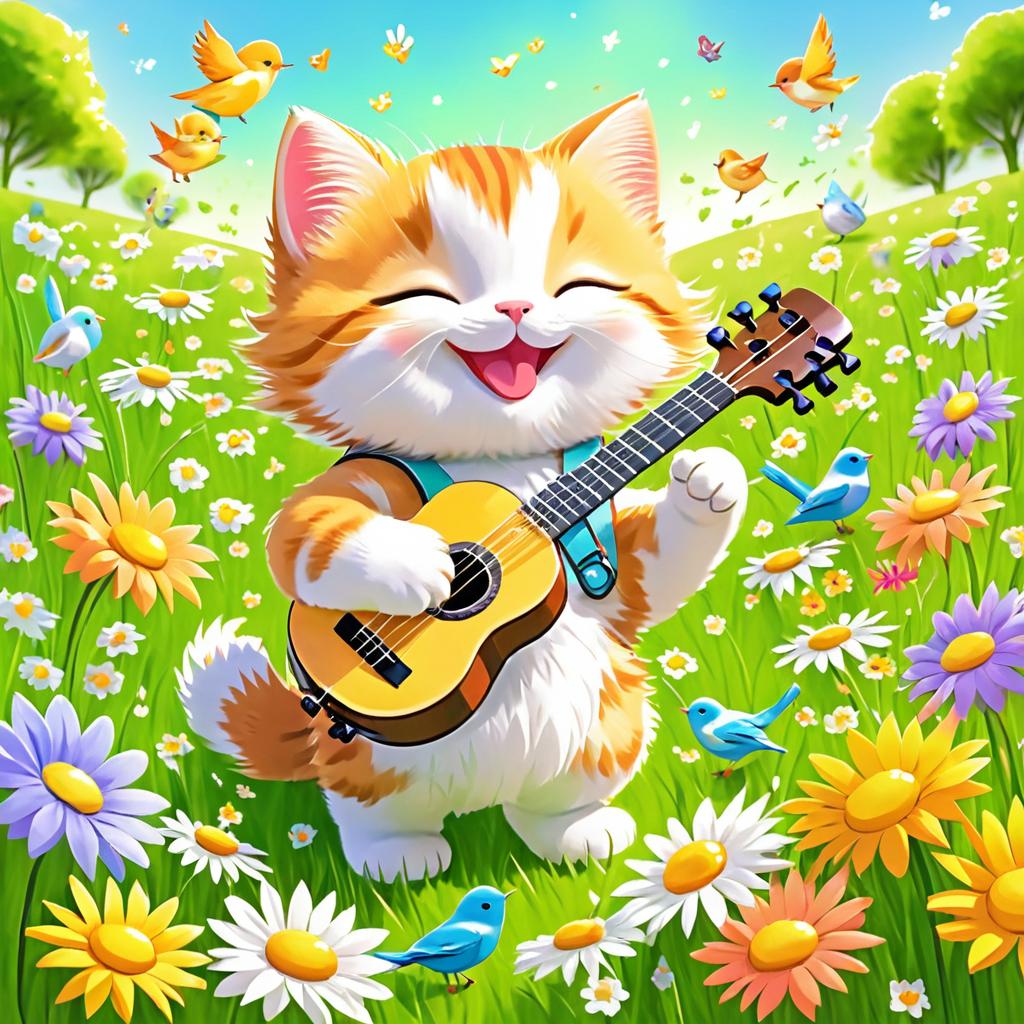 Joyful Kitten Playing Ukulele in Meadow