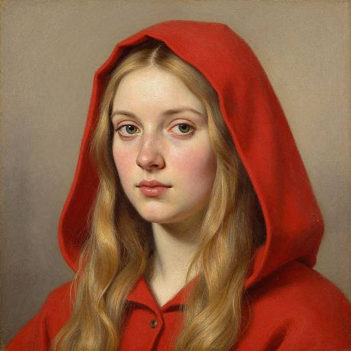 Digital painting of a young Caucasian girl with long, wavy blonde hair, wearing a red hooded cloak, against a plain beige background. Her expression