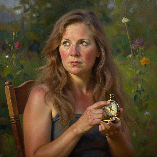 Photograph-style oil painting of a middle-aged woman with wavy brown hair, green eyes, and fair skin, holding a vintage pocket watch, set