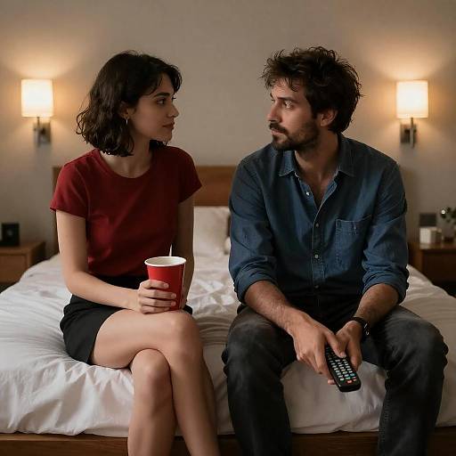 Photograph of a couple sitting on a bed, man with dark hair and beard in blue shirt, woman with short dark hair in red top and black