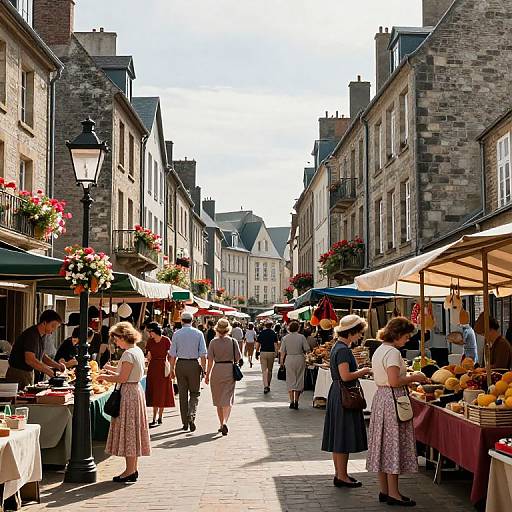 Photograph of a bustling European street market with colorful flowers, outdoor cafes, and shoppers in summer dresses, under bright sunlight.