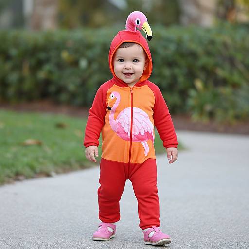 Photograph of a smiling baby in a red and orange flamingo onesie with hood and pink shoes, standing on a pathway.