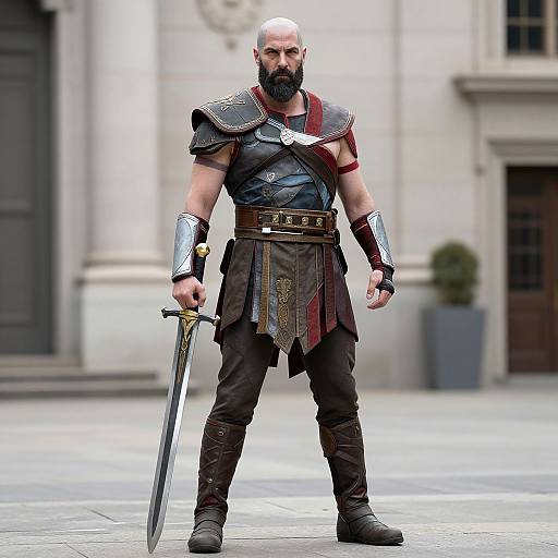 Photorealistic CGI of a muscular, bald, bearded warrior with dark armor, red accents, holding a sword, standing in an urban courtyard.