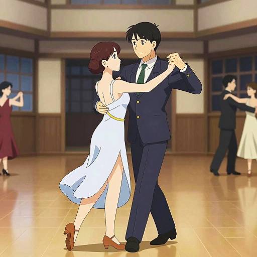 Elegant Dancers in Nostalgic Anime Hall