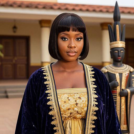 Photograph of a Black woman with a bob haircut, wearing a gold-embroidered black velvet robe, standing in front of an Egyptian-style statue