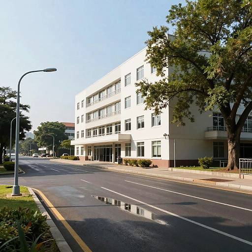 Modern White Building and Street with Trees