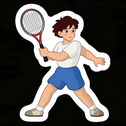 Digital drawing of a young boy with brown hair, wearing a white shirt, blue shorts, and white shoes, holding a tennis racket, in a ready