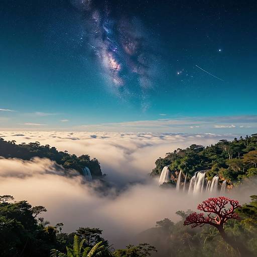 Photograph of a majestic waterfall cascading into a misty valley, surrounded by lush green forest, with a vibrant night sky and Milky Way visible above