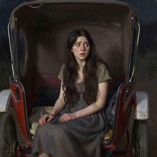 Realistic painting of a sad, pale young woman with long dark hair, wearing a gray dress, seated in a dark, vintage carriage.