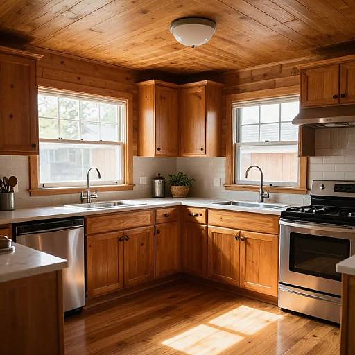 Sunlit wooden kitchen with two windows, wooden cabinets, stainless steel appliances, white tile backsplash, and hardwood floors. Ceiling light on. Photograph.