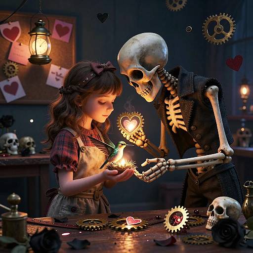Whimsical Valentine Workshop with Skeleton and Girl