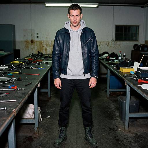 Photograph of a serious-looking man with short dark hair, light stubble, wearing a black leather jacket, white hoodie, black pants, and boots