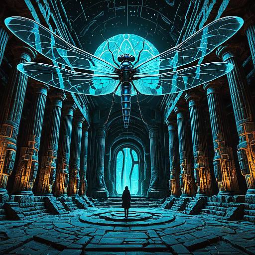 Ancient Robotic Dragonfly in Neon-Lit Ruins