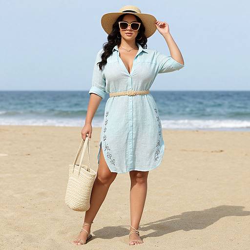 Photograph of a curvy woman with long black hair, wearing a light blue dress, straw hat, sunglasses, and sandals, holding a woven bag