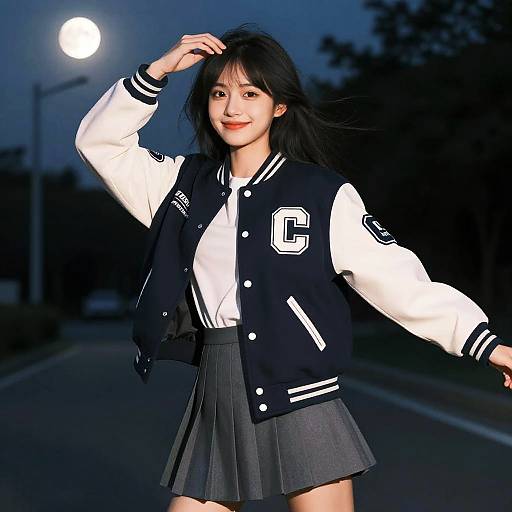 Photograph of an Asian woman in a dark blue varsity jacket with white sleeves, gray pleated skirt, and white shirt, standing outdoors at night