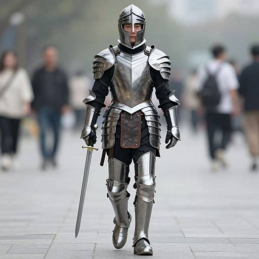 Photorealistic CGI of a medieval knight in shiny silver armor, helmet, and dark pants, walking with a sword in a blurred urban street.