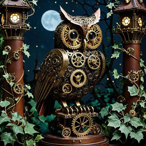 Whimsical Steam-Powered Owl in Enchanted Tower