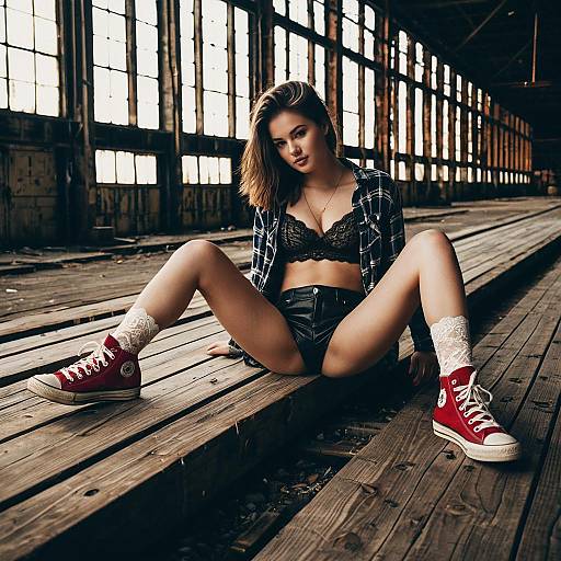 Young Woman in Fashion Outfit in Industrial Warehouse