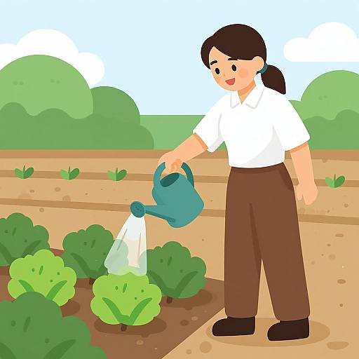 Digital illustration of a smiling woman with black hair in a ponytail, wearing a white shirt and brown pants, watering green leafy plants with a blue