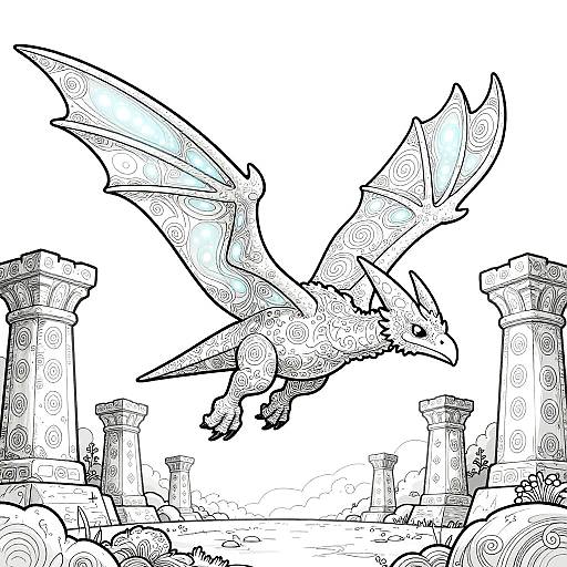 Black-and-white line drawing of a detailed, patterned dragon soaring between ancient, ornate stone pillars with swirling designs, amidst a ruined, rocky landscape