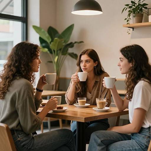Photograph of three women with curly hair, sitting at a wooden table in a modern café, holding white coffee cups, chatting and smiling under a black