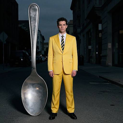 Photograph of a man in a bright yellow suit and striped tie, standing on a dimly lit urban street, holding an oversized silver spoon against a