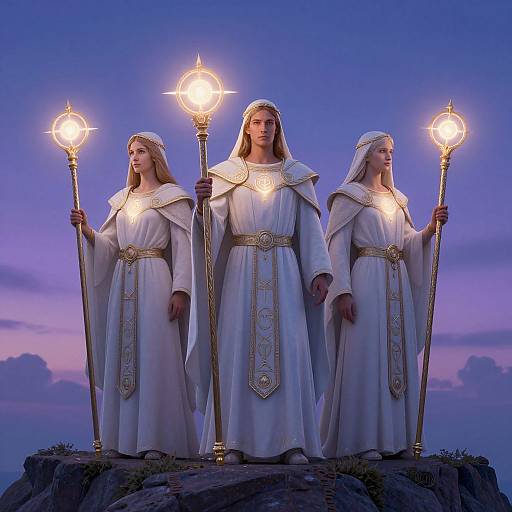 Photograph of three white-robed, long-haired women with glowing headpieces and staffs, standing on a rocky ledge at dusk, against a purple
