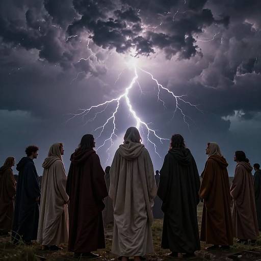 Photograph of silhouetted figures in robes standing before a dramatic, lightning-filled stormy sky with dark clouds. Bright lightning bolt illuminates the