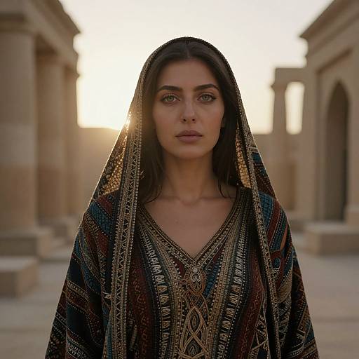 Photograph of a woman with long dark hair, wearing a traditional, patterned black and gold headscarf and dress, standing in a sunlit