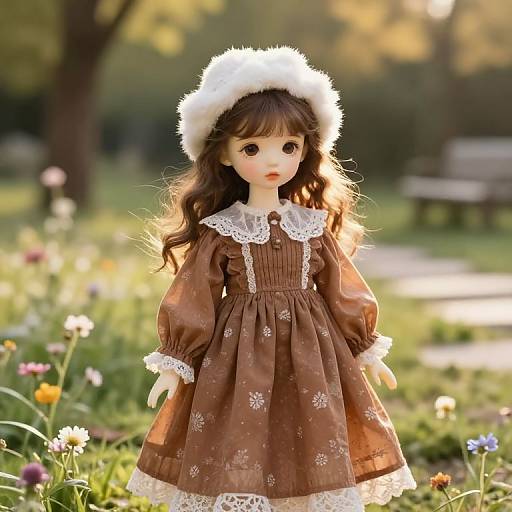 Photograph of a doll with long brown hair, wearing a brown floral dress with white lace, and a white fur hat, standing in a sunlit